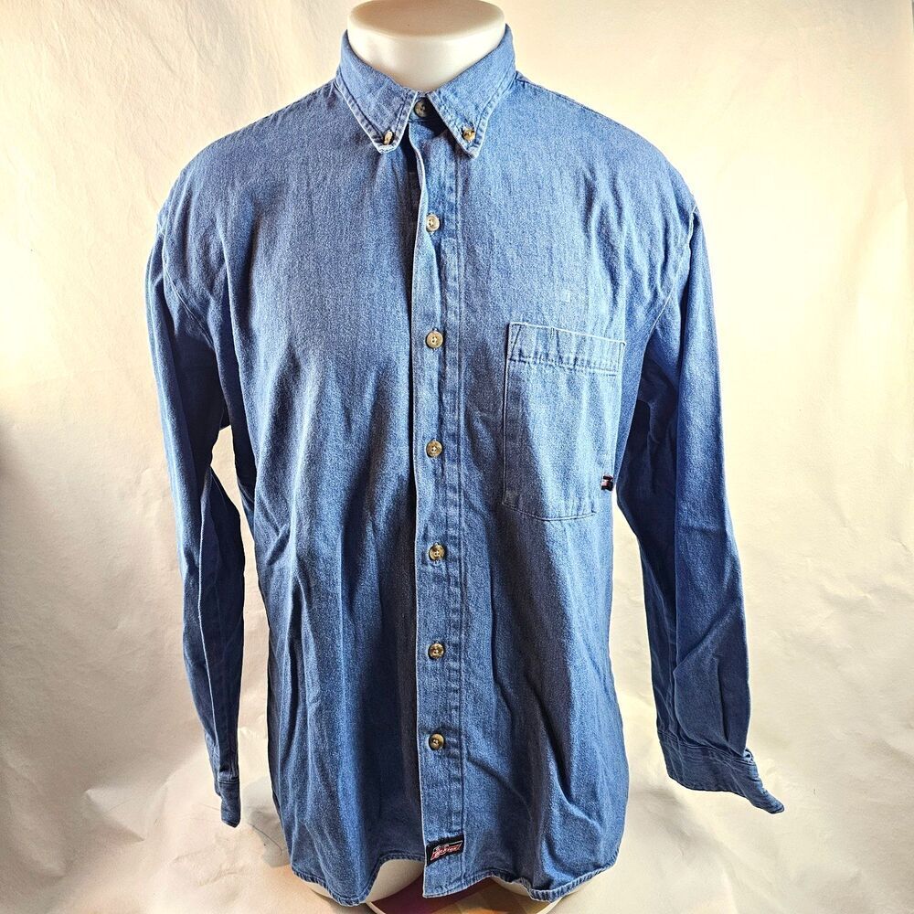 Dickies Denim Shirt Mens Large Blue Button Up Workwear Jean Utility Pocket